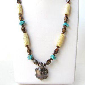 Multi Stone Beaded Turtle Necklace with Tiger's Eye, Turquoise & Carved Bone
